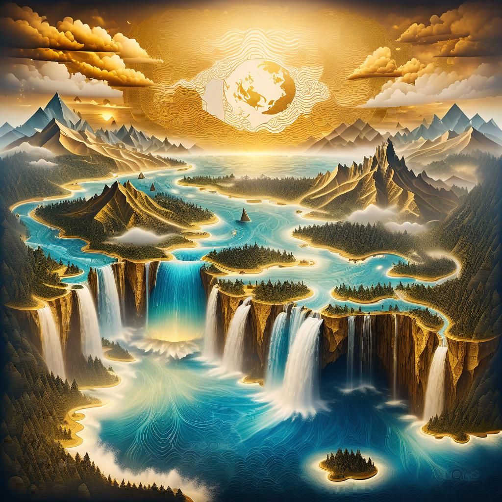 Mystical Map with Waterfalls and Sunset Clouds