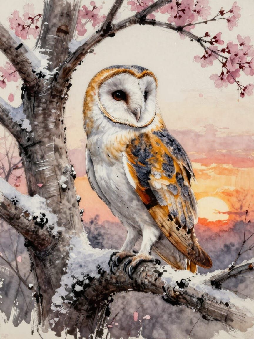 Barn Owl in Snowy Tree at Sunset, Gouache & Watercolor