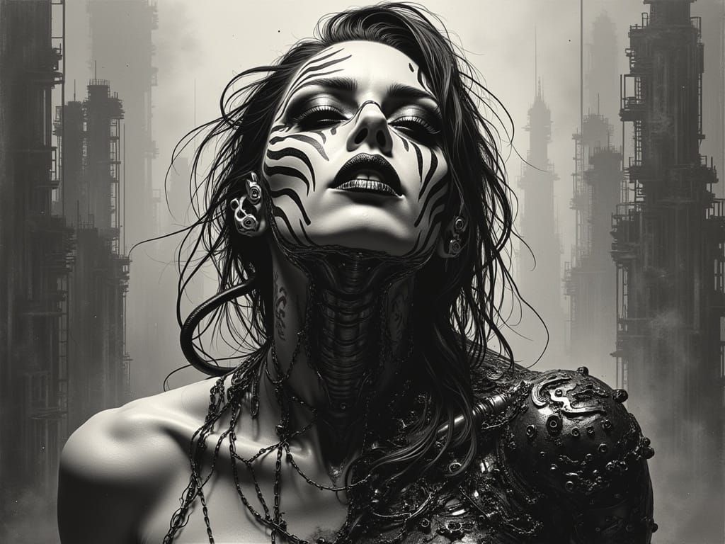 Monochrome Cyborg Woman in Horrific Abattoir