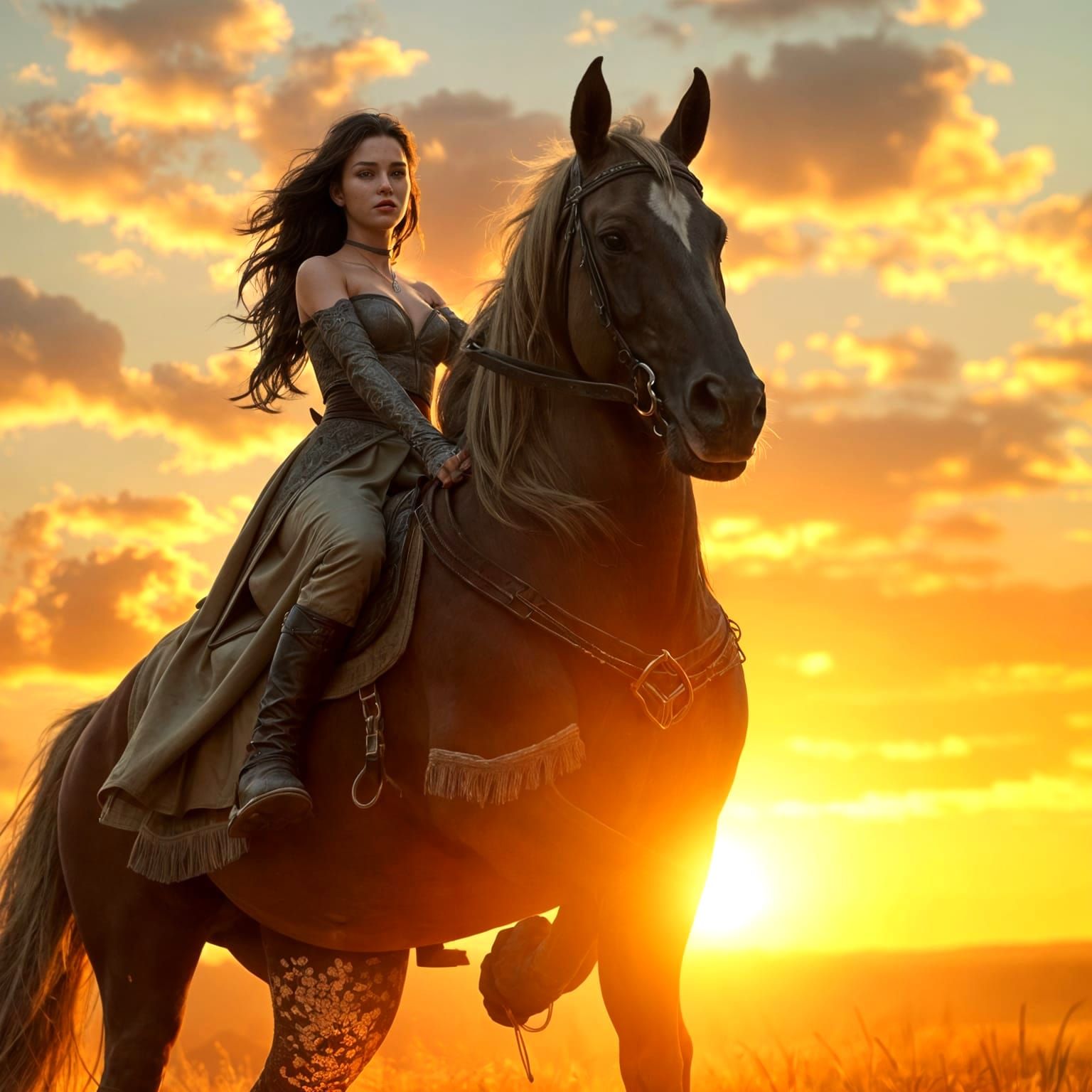 Woman on Horseback at Sunset: 3D Game Cinematic