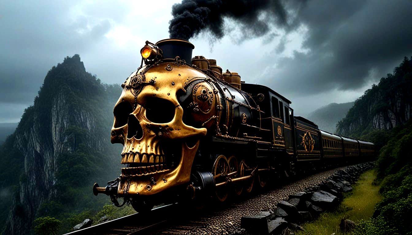 Steampunk Skull Train on Treacherous Mountain Track