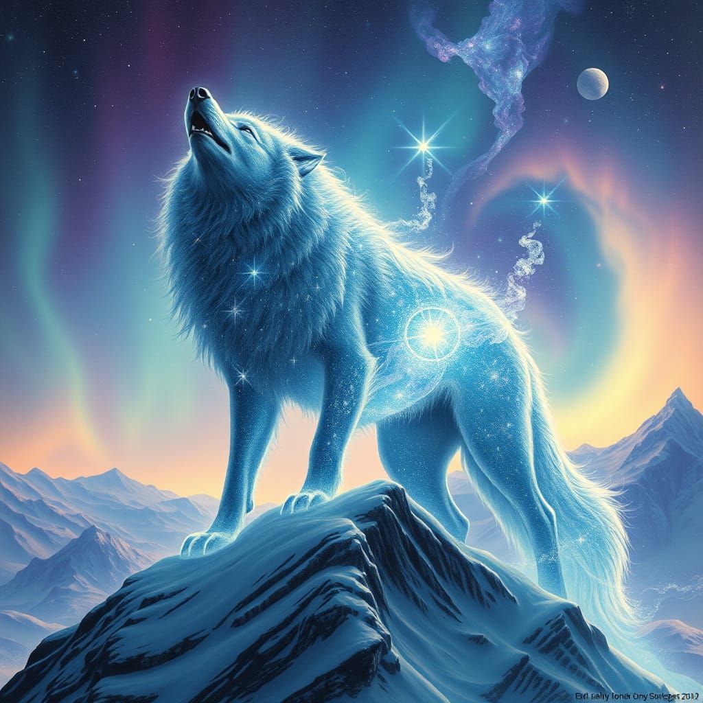 Starlight Direwolf Materializes Under Aurora Sky