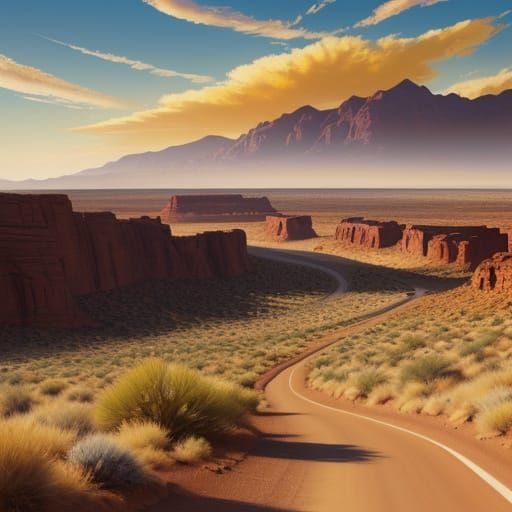 Warm Desert Road Unfolds Under Golden Hour Lighting