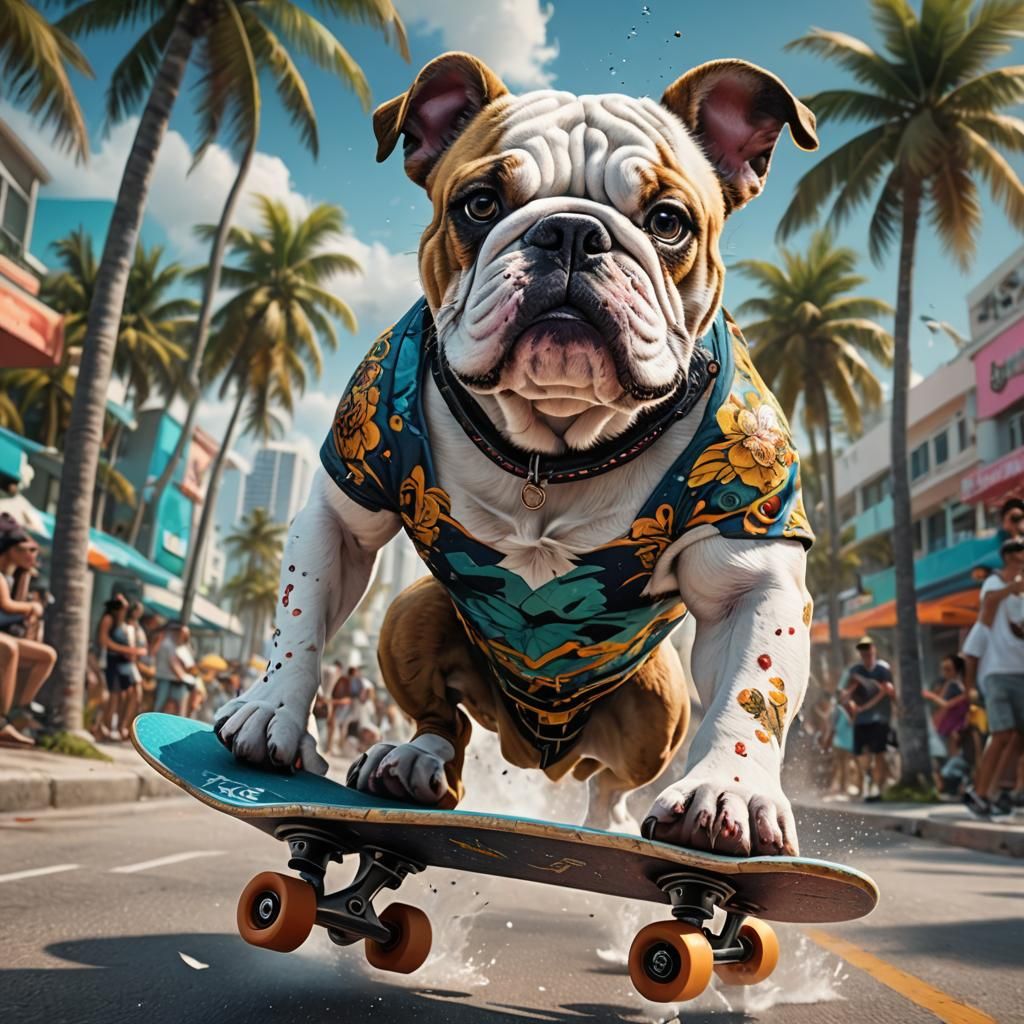 Bulldog Skateboarding on Miami Beach: Fantasy Concept Art