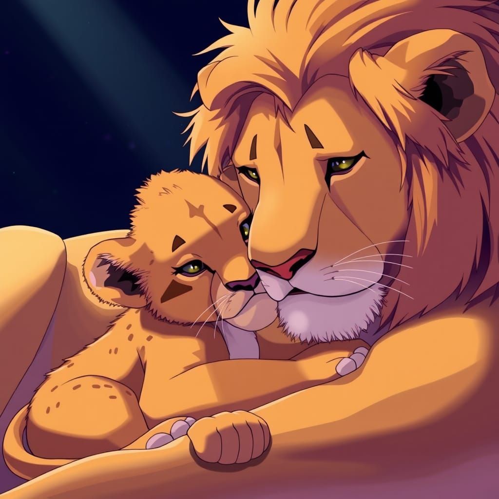 Baby Lion Cuddles Mother: Anime-Style Art
