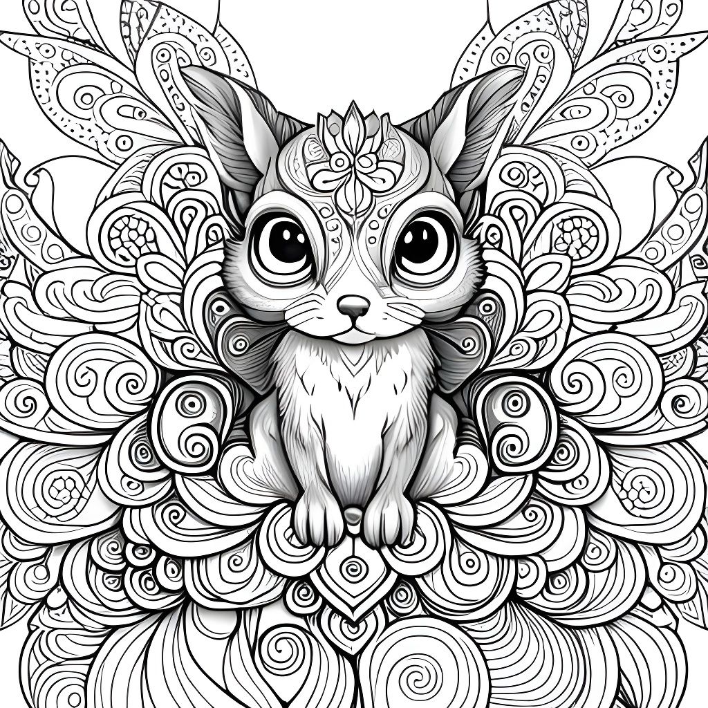 Intricate Chibi Squirrel Coloring Page for Adults