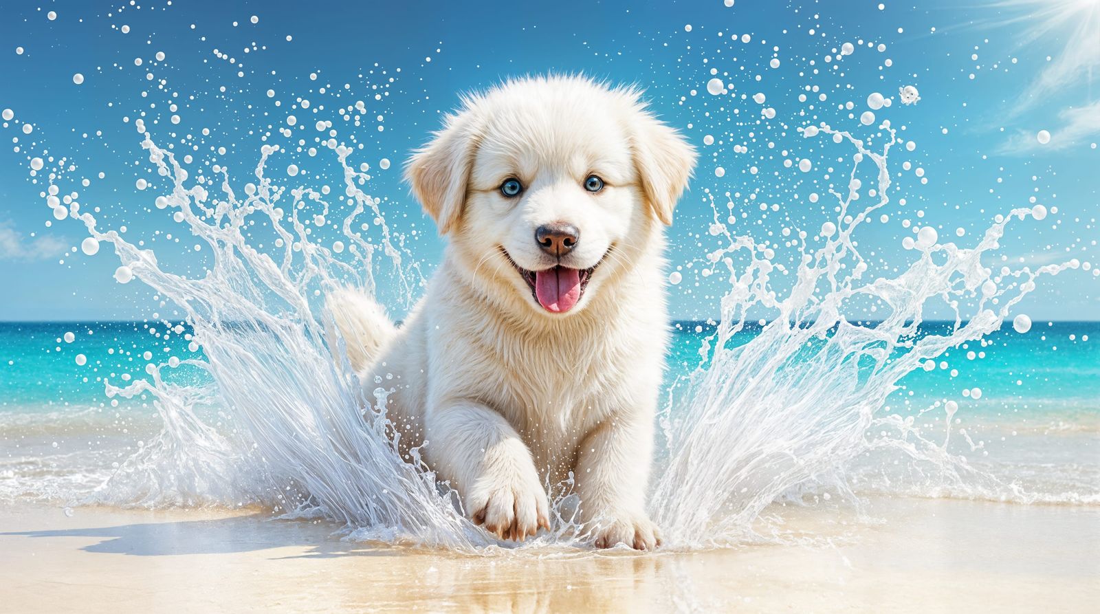 Playful Puppy in Ocean Splashes