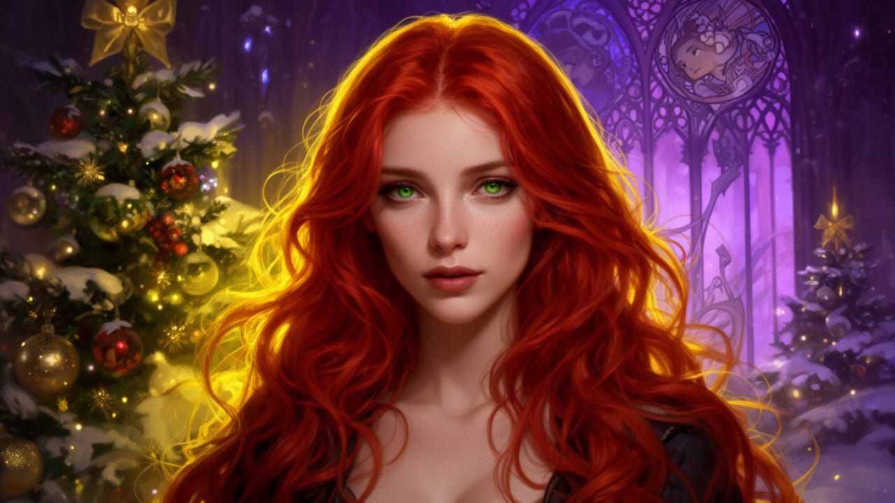 Beautiful Redhead Woman in Festive Christmas Scene
