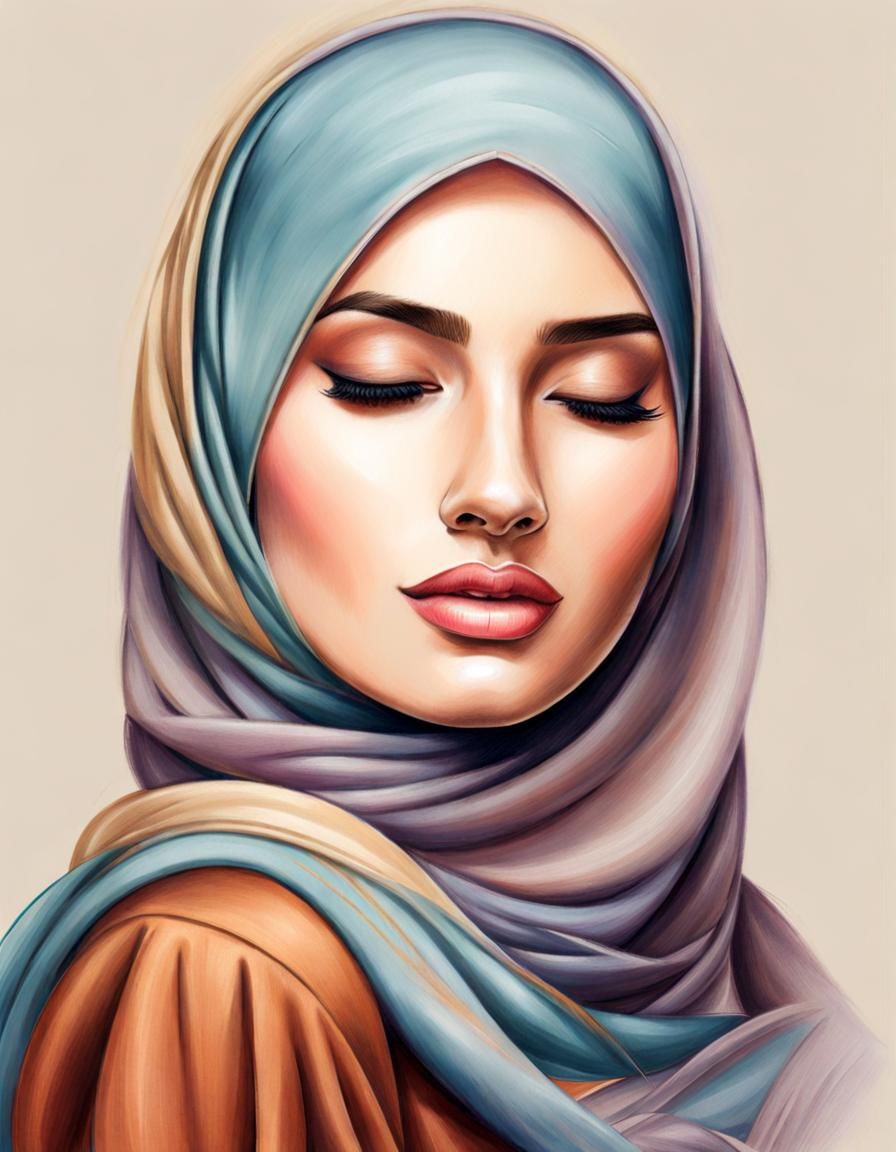Beautiful Woman in Hijab: Colored Pencil Sketch