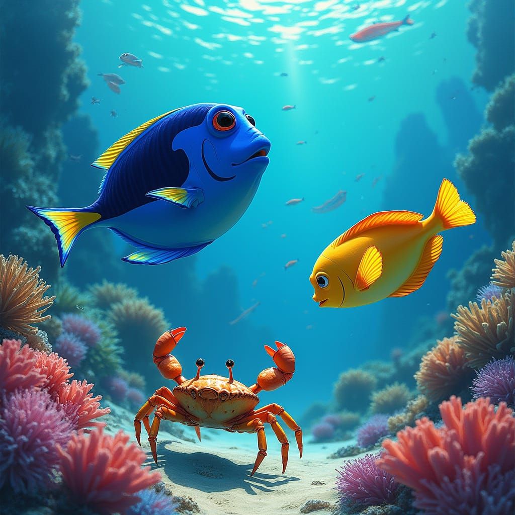 Vibrant Fish Racing a Crab in a Colorful Coral Reef