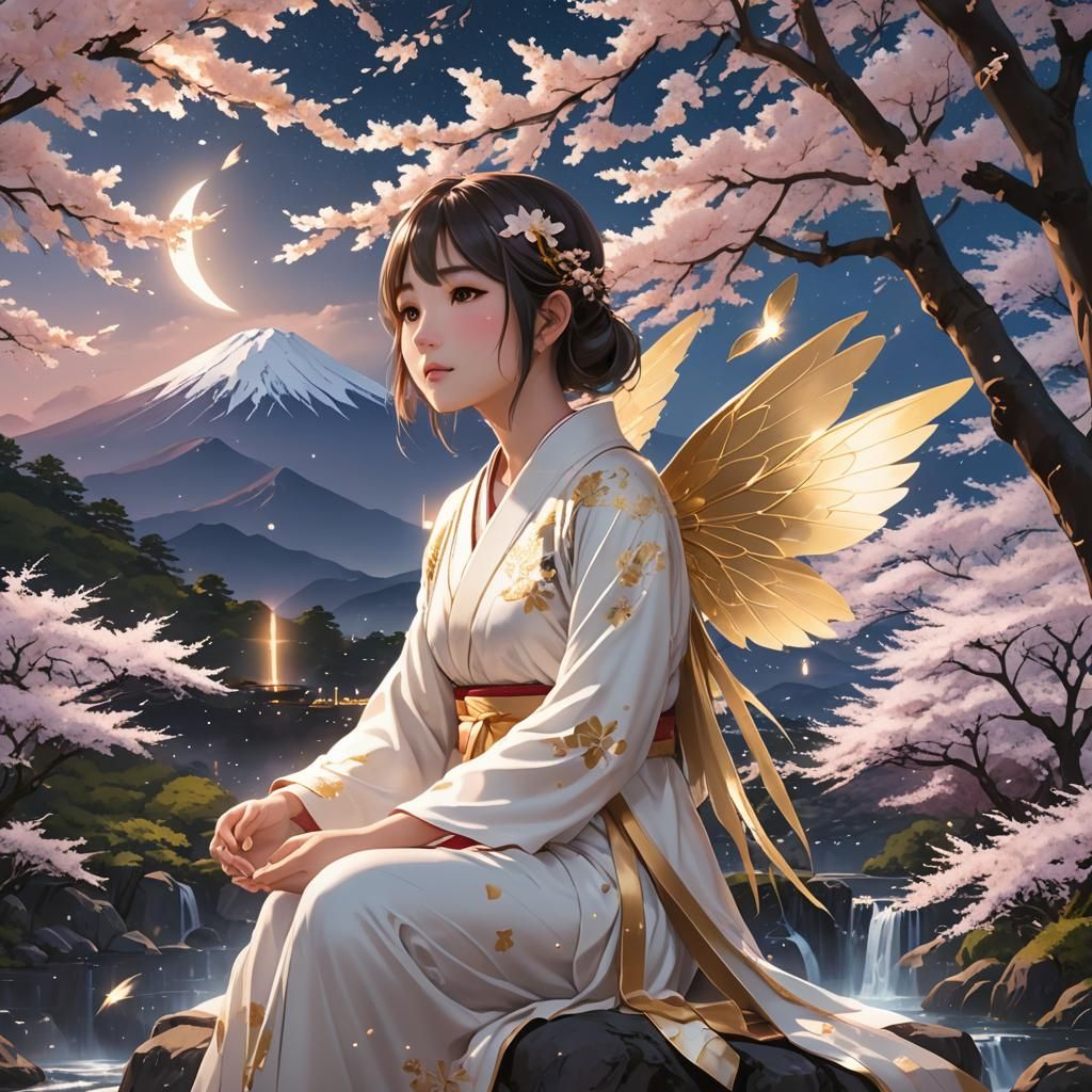 Cute Japanese Girl Wearing White Golden Robes and Golden Whi...