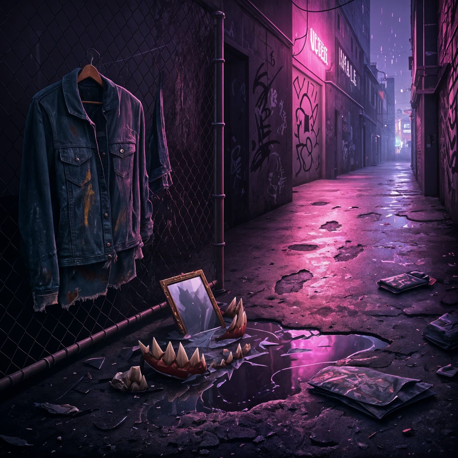 Grungy Alley at Dusk in Neon Light