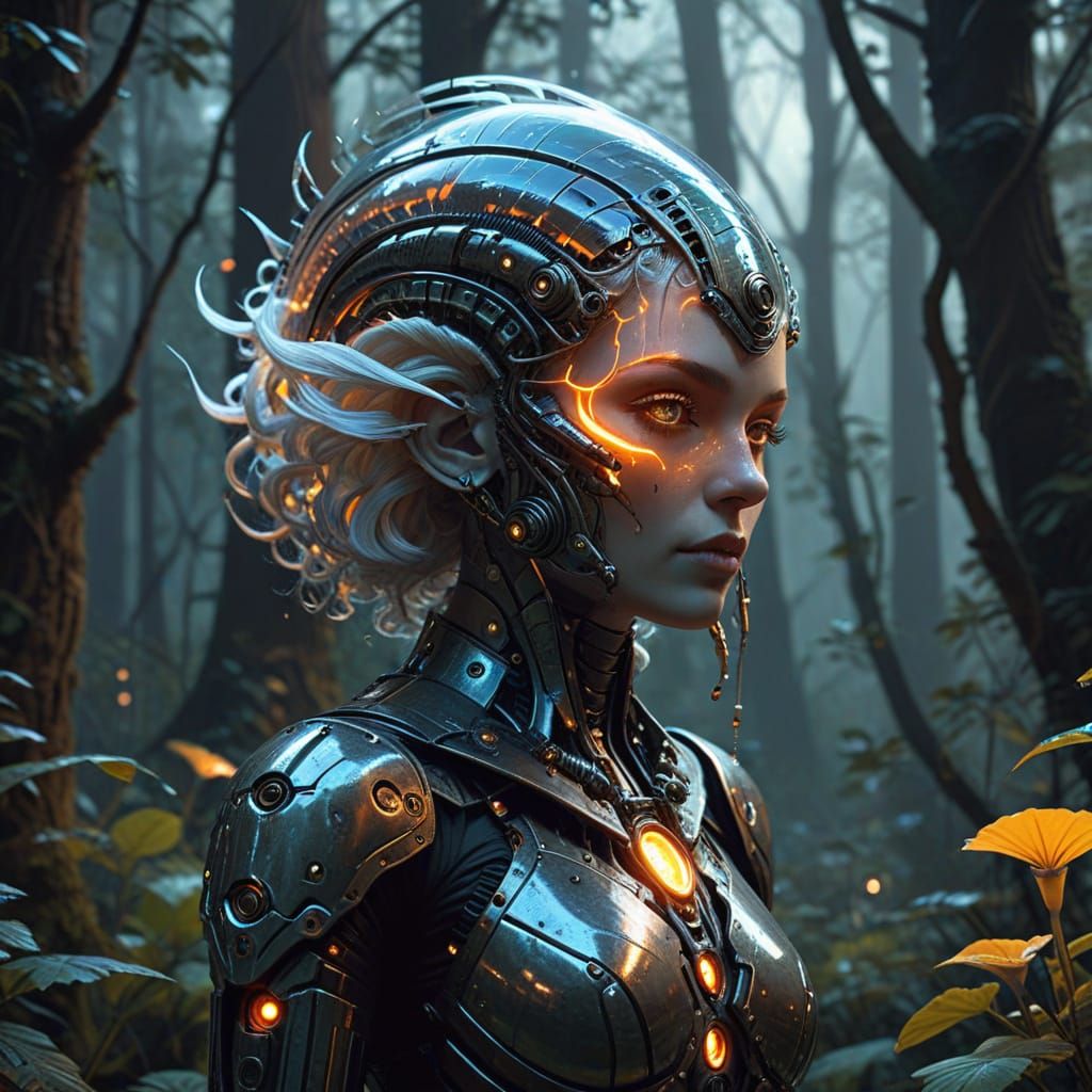 Stunning Fantasy Elf in Neon-Lit, Mechanical Armor, Amidst E...