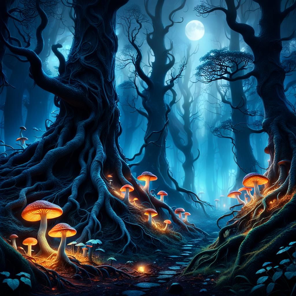 Mystical Forest with Glowing Mushrooms in Moonlight