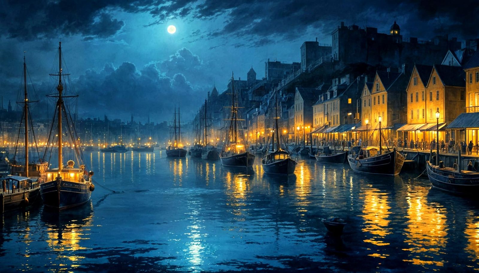 Glowing Harbor Scene in Shimmering Blues