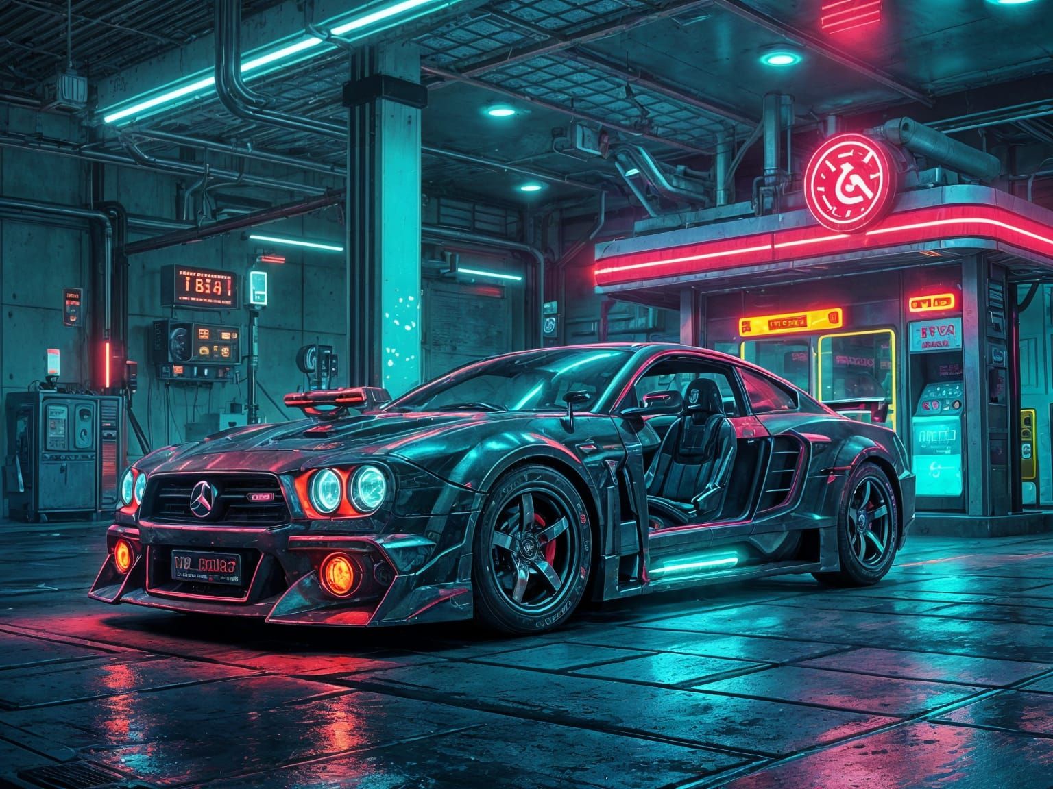 Cyberpunk Car at Futuristic Gas Station Illustration