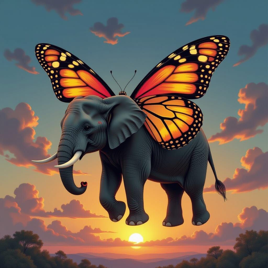 Elephant Takes Flight with Butterfly Wings in Surreal Twilig...