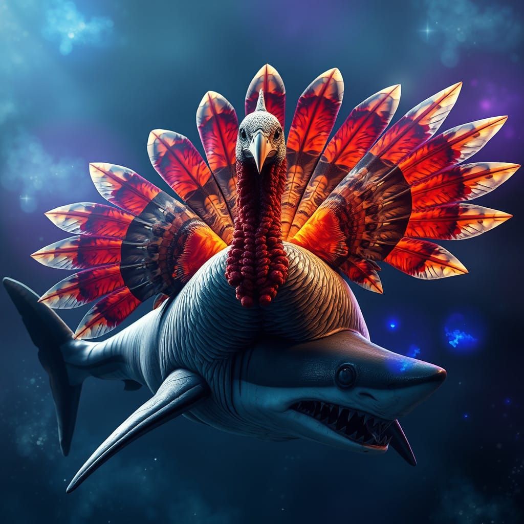 Majestic Turkey-Shark Hybrid in Detailed, High-Contrast Art