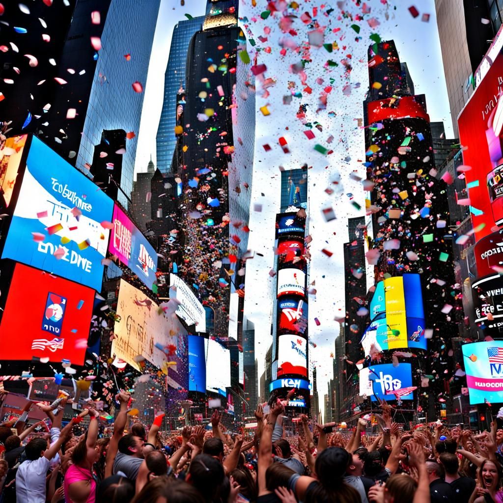 ""CONFETTI RAINING DOWN ON TIMES SQUARE"PEOPLE EVERYWHERE