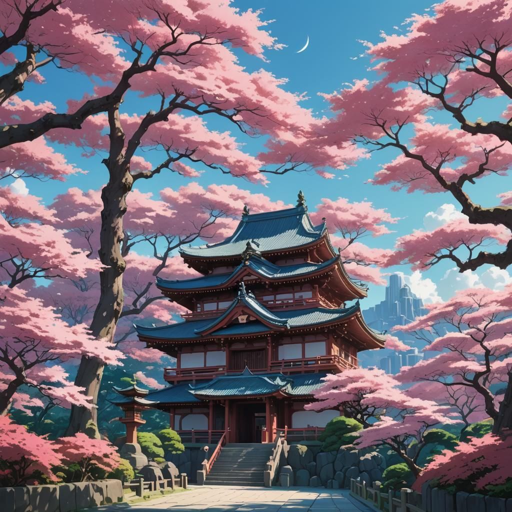Japanese Temple in Anime Style With Pink Trees