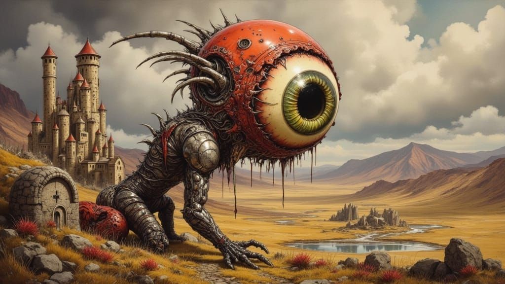 Menacing Biomechanical Eyeball with Dystopian Landscape