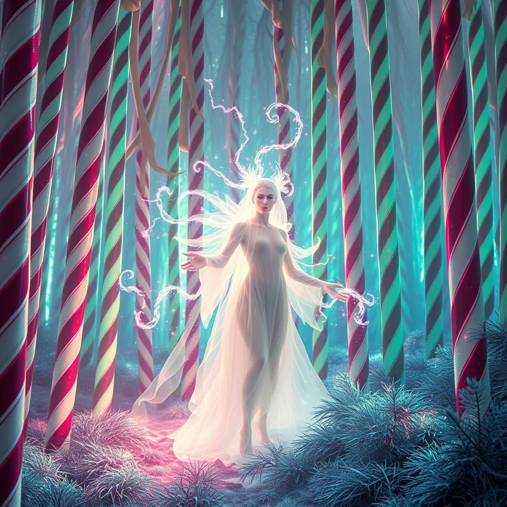 Spectral Spirit in Candy Cane Forest: Hyperrealistic Art