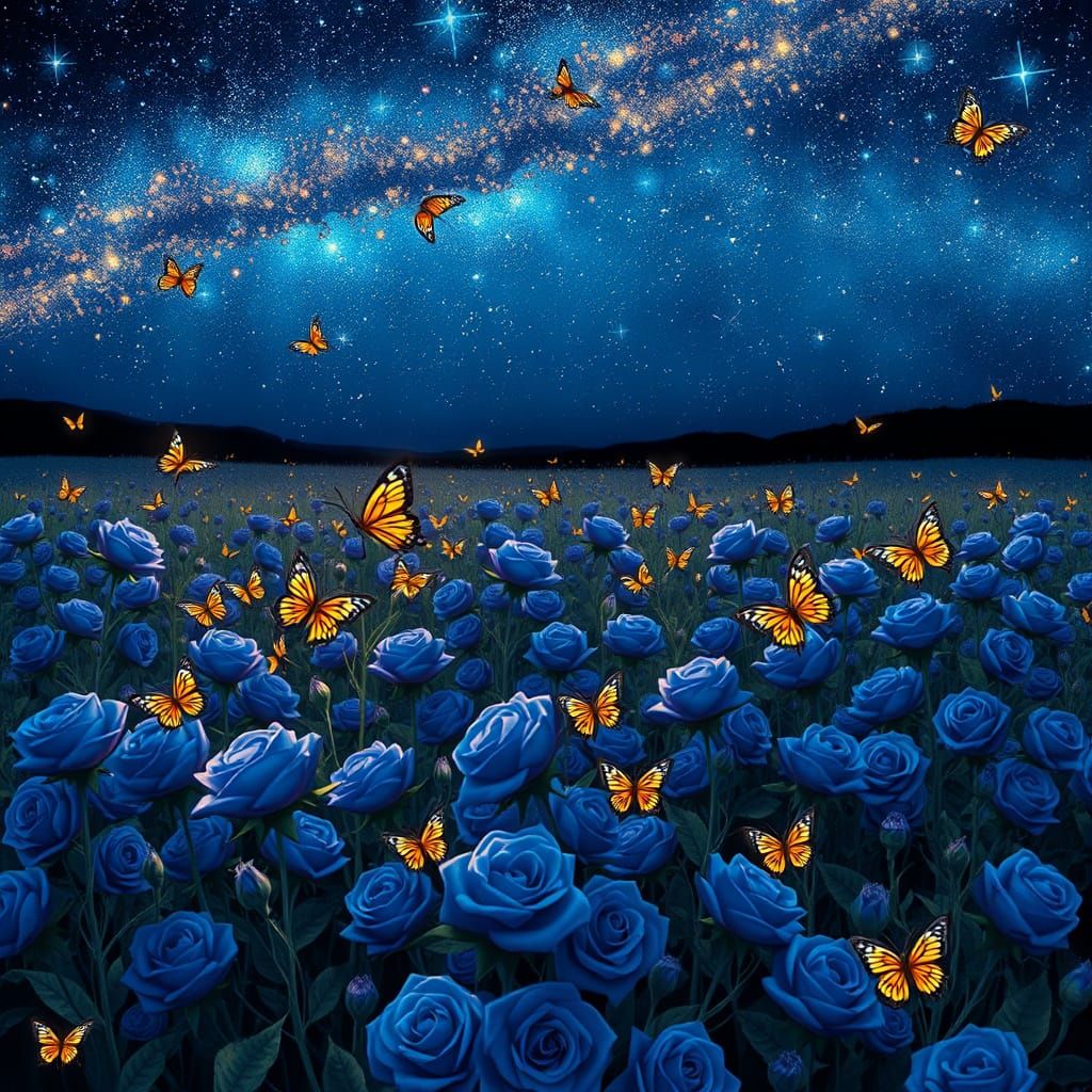 Cosmic Night Sky with Blue Roses and Butterflies
