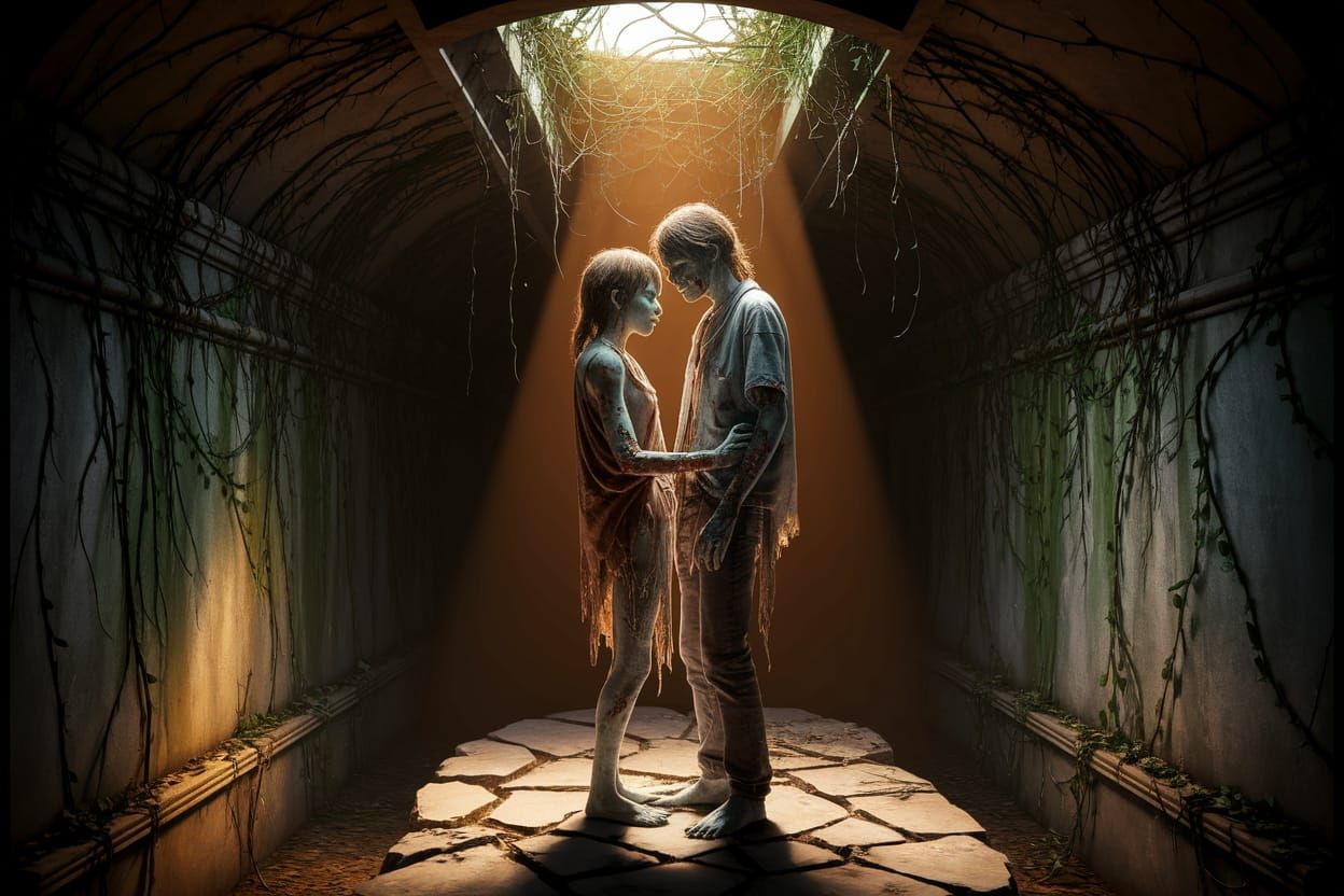 Gay Zombie Couple in Crypt, Golden Light