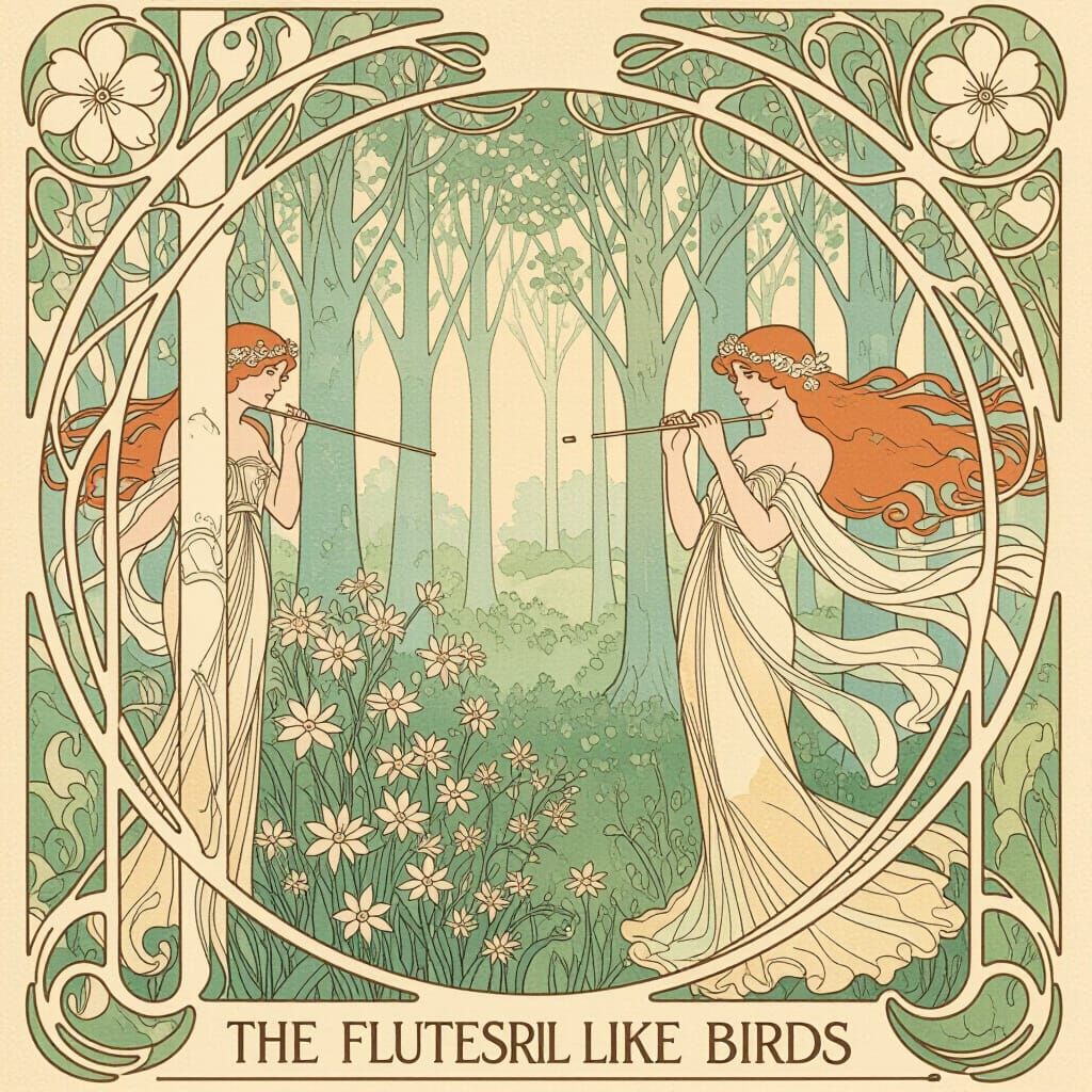 Art Nouveau Forest Scene with Flowing Figures