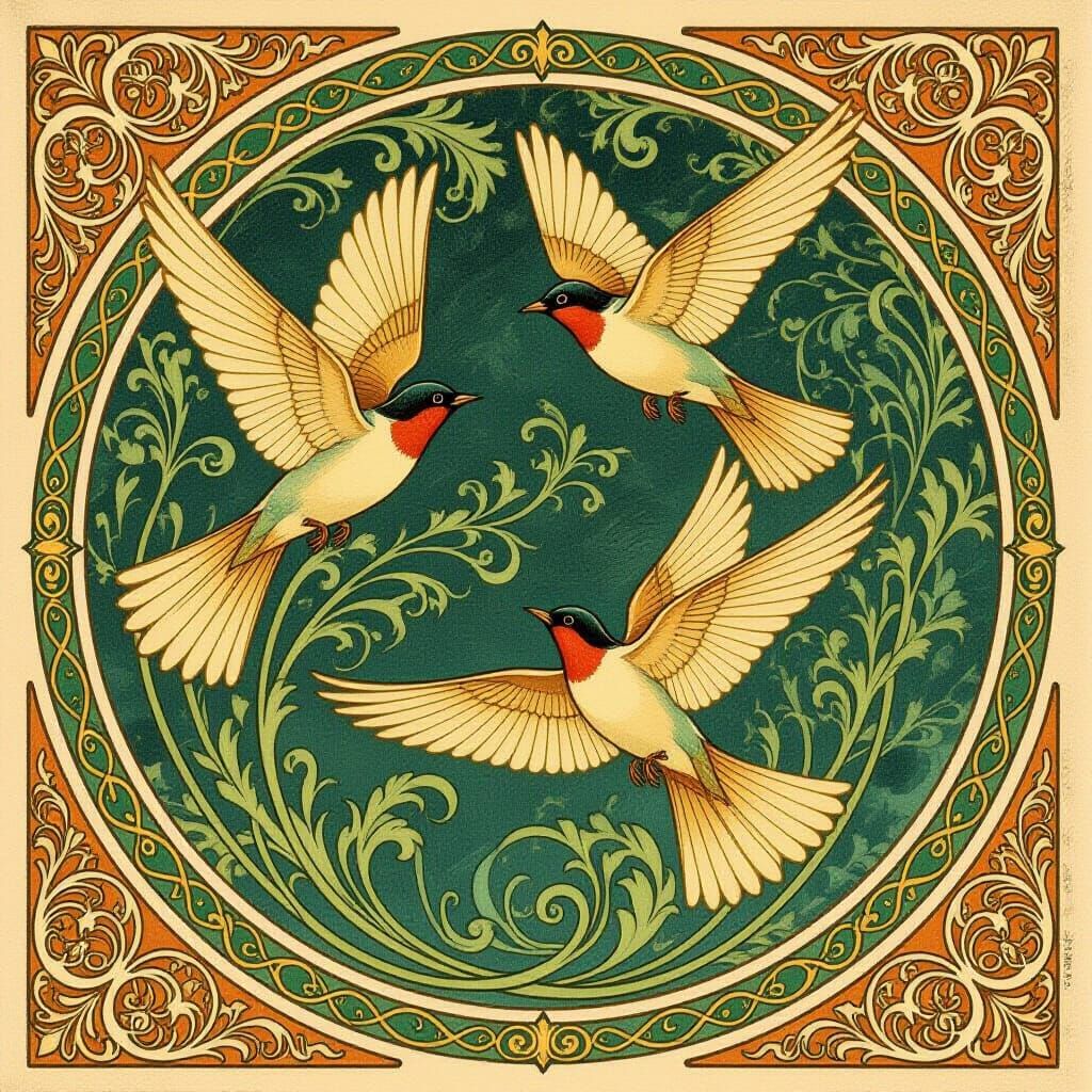 Art Nouveau Birds in Flight with Organic Whimsy
