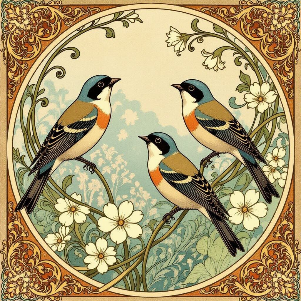 Art Nouveau Birds Singing Amidst Floral Motifs
