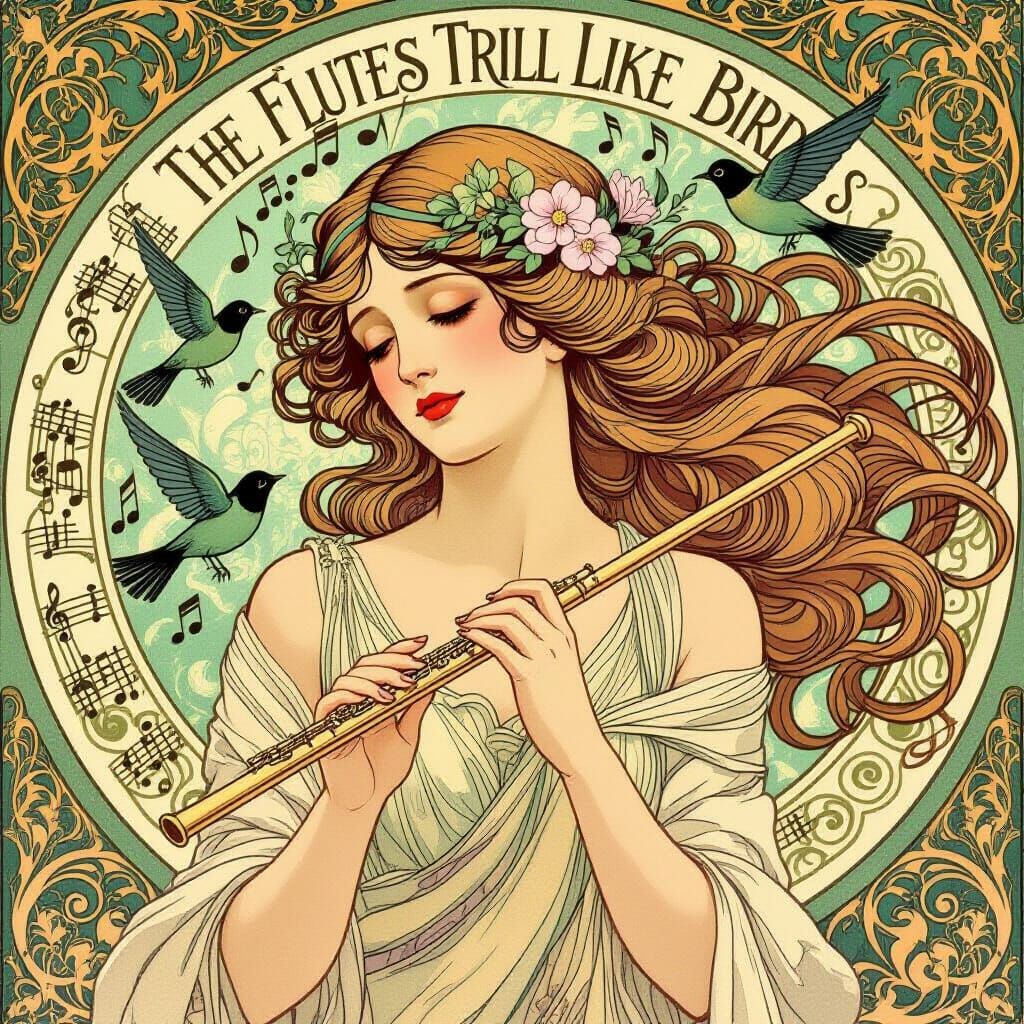 Art Nouveau Melancholy Woman with Birds and Music