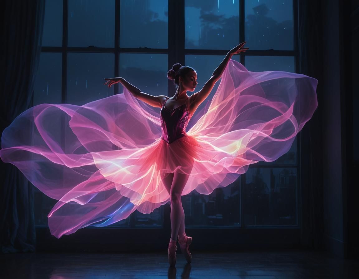 Neon Ballet Dancer Projected from Moonlight