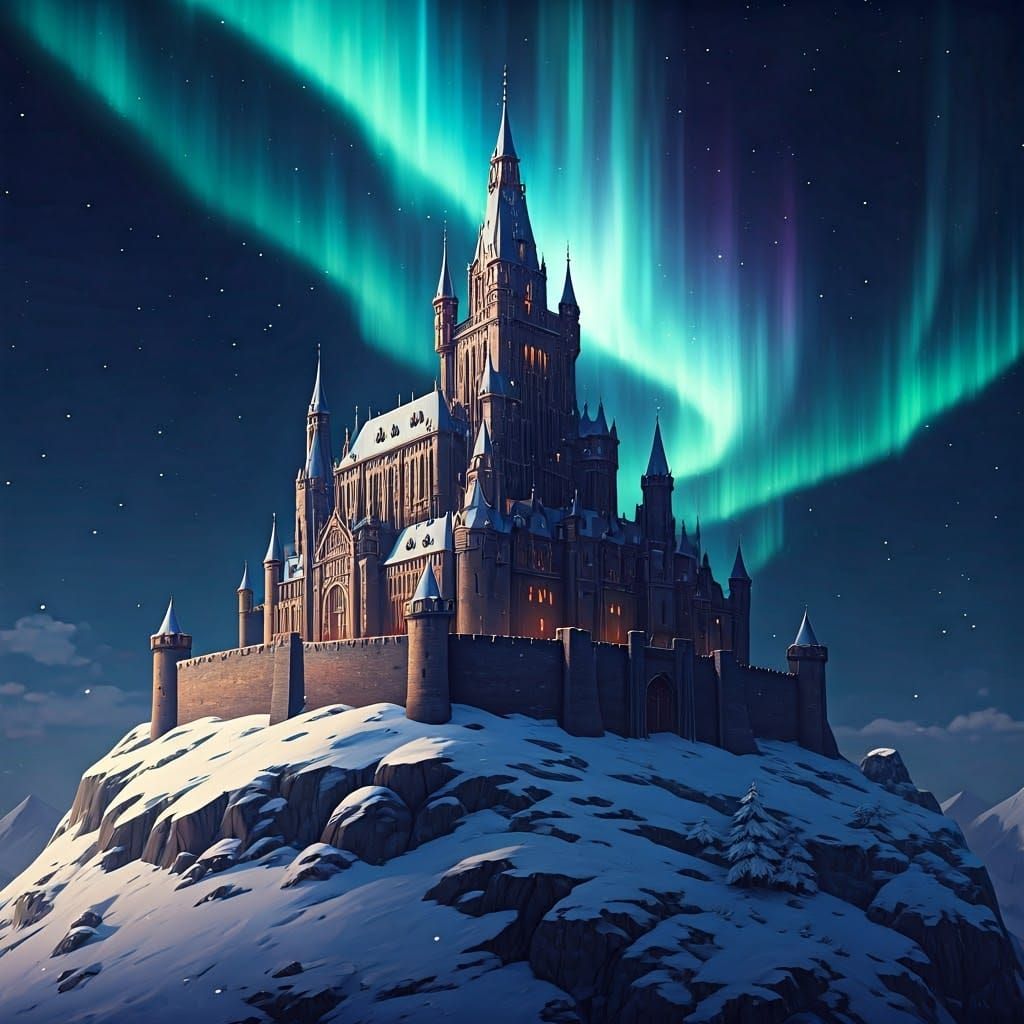 Fantasy Castle Under Northern Lights: Anime-Inspired 3D Art