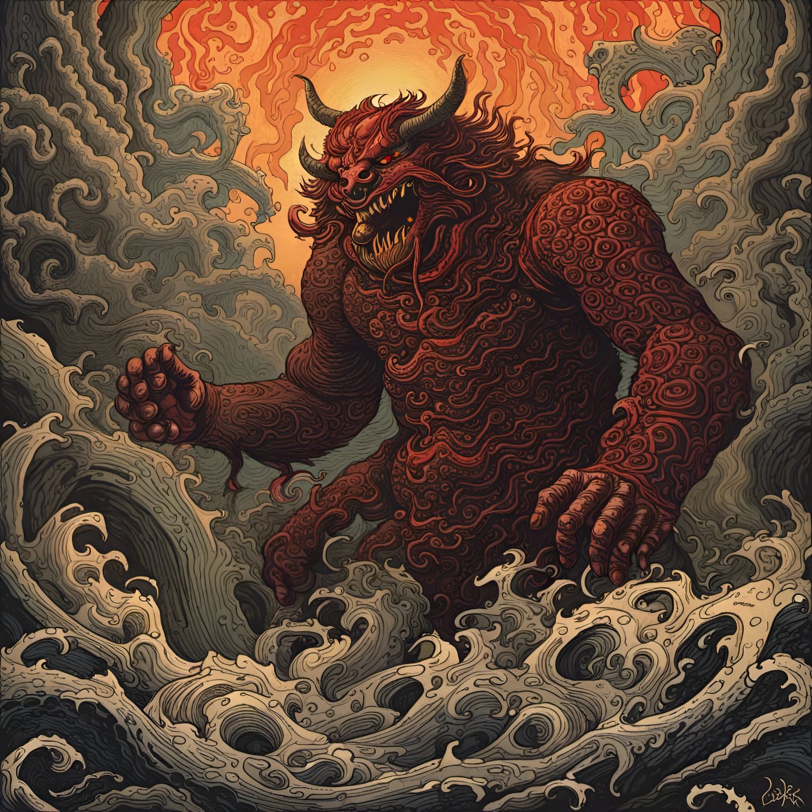 Japanese Woodblock Print Balrog in Mordor
