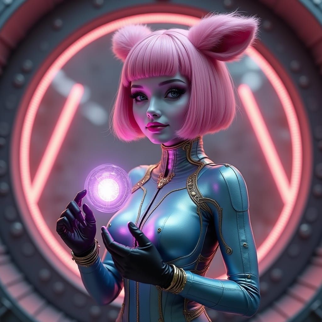 Retrofuturistic Alien Vigilante with Neon Orb