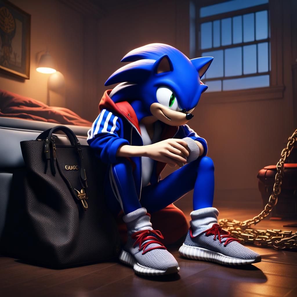 Sad Sonic in Adidas Hoodie and Gucci Bag