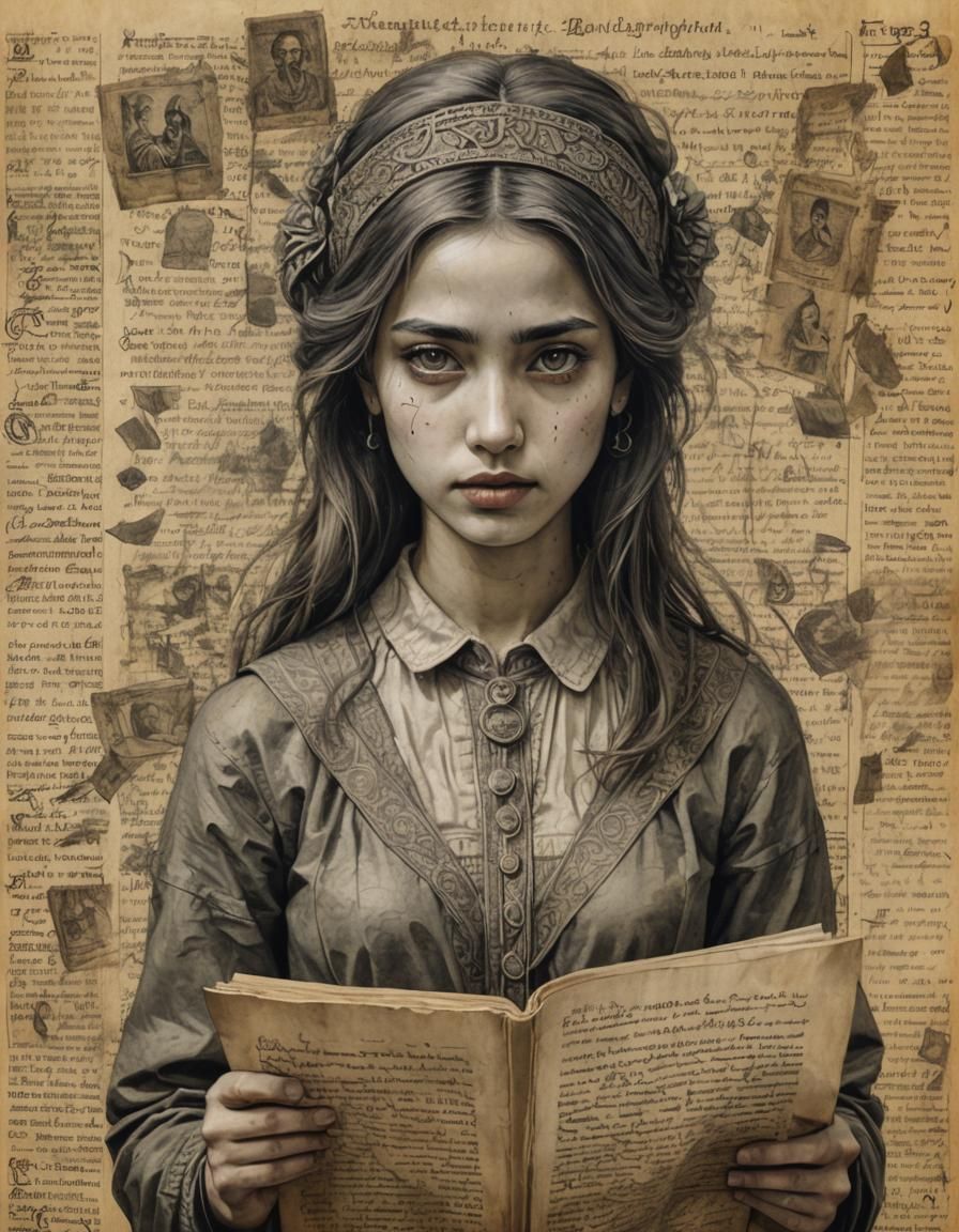 Mysterious Girl Portrait in Vintage Manuscript Art