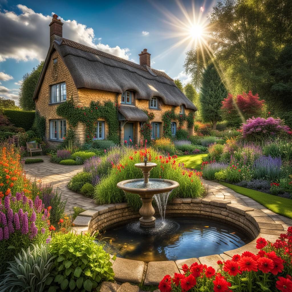 Hyperrealistic Country Cottage with Vibrant Garden