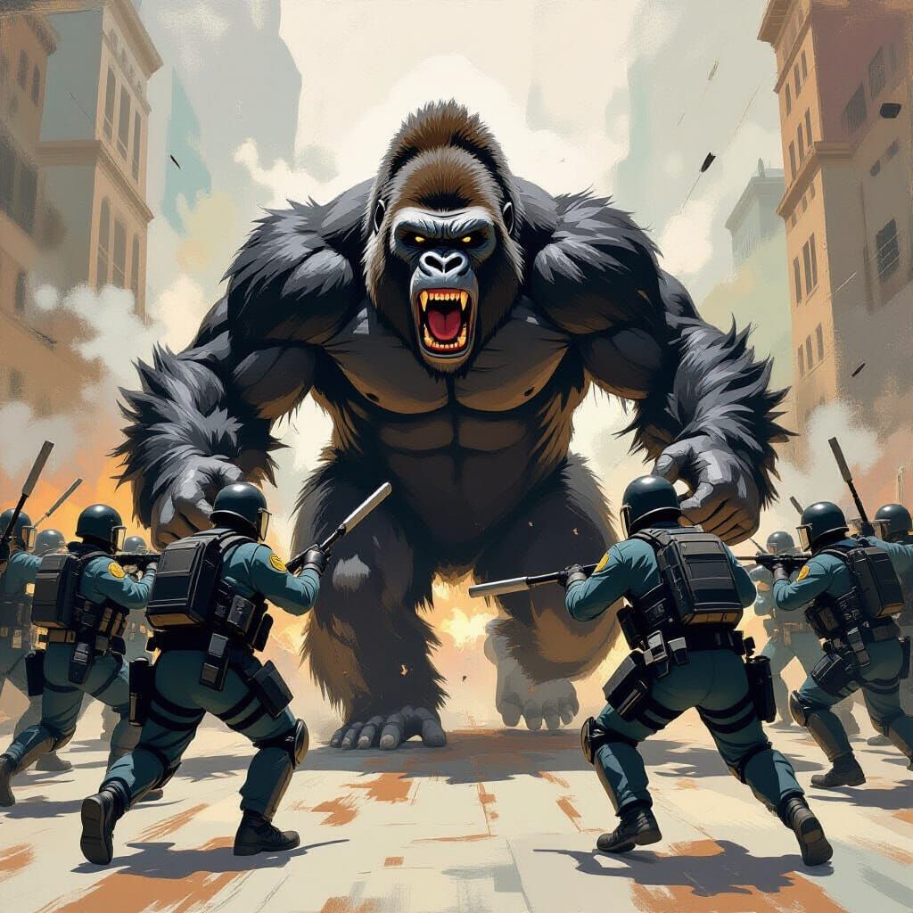 Riot Squad Confronts Gorilla in Dramatic Digital Painting