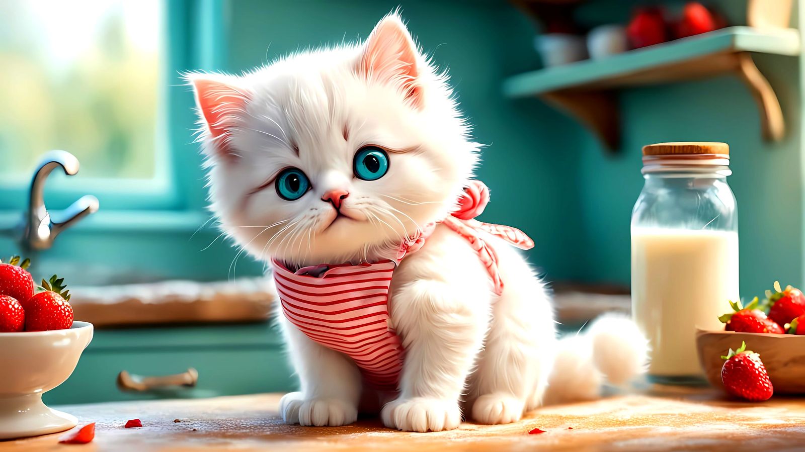 Cozy Kitten Bakery with Macarons and Croissants