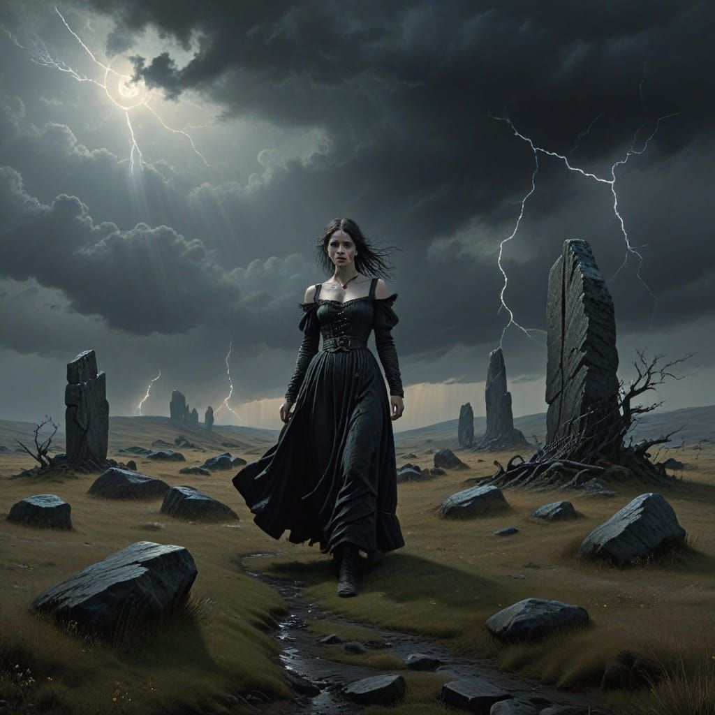 Gothic Woman in Windswept Moor, Dark Fantasy Landscape