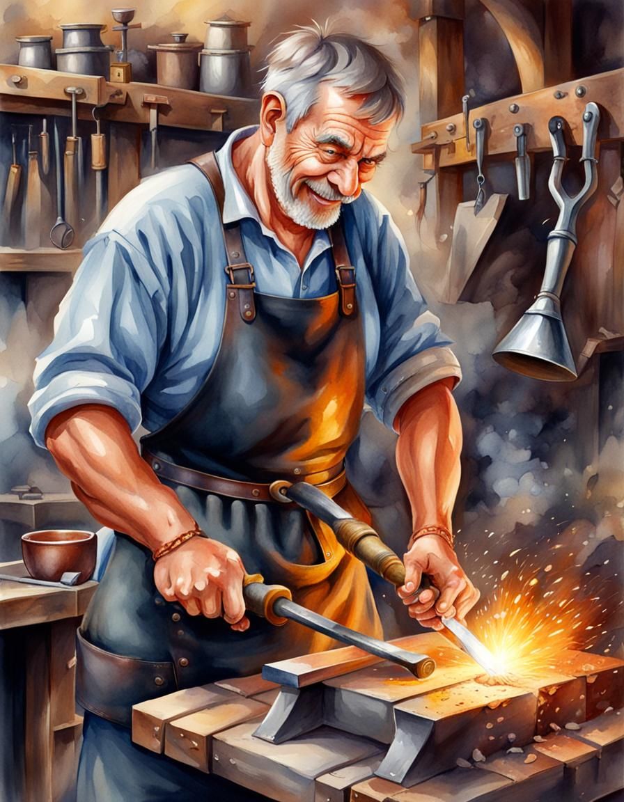 Blacksmith Heals Dragon's Teeth in Watercolor Style