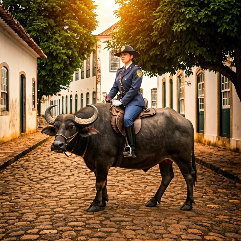 Brazilian Police Woman on Buffalo in Colonial Town