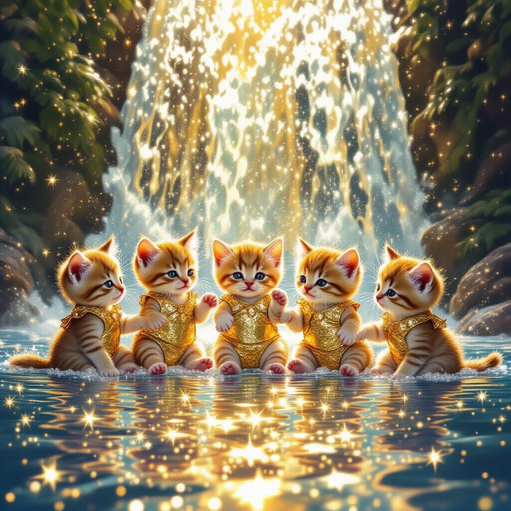 Kittens Slide Down Waterfall of Gold into Star Pool