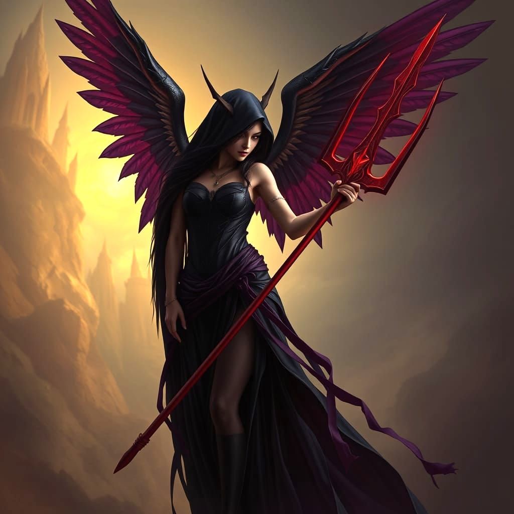 the female angel of death with a red trident by gerald brom, Illustration, Conceptual art, Dark fantasy