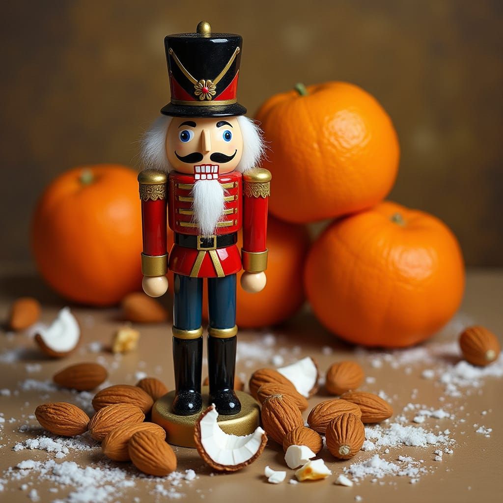 Nutcracker Soldier Amidst Festive Nuts and Oranges