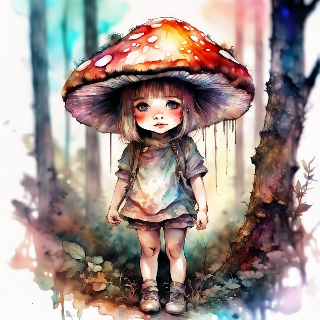 Chibi Mushroom Baby in Watercolor Forest