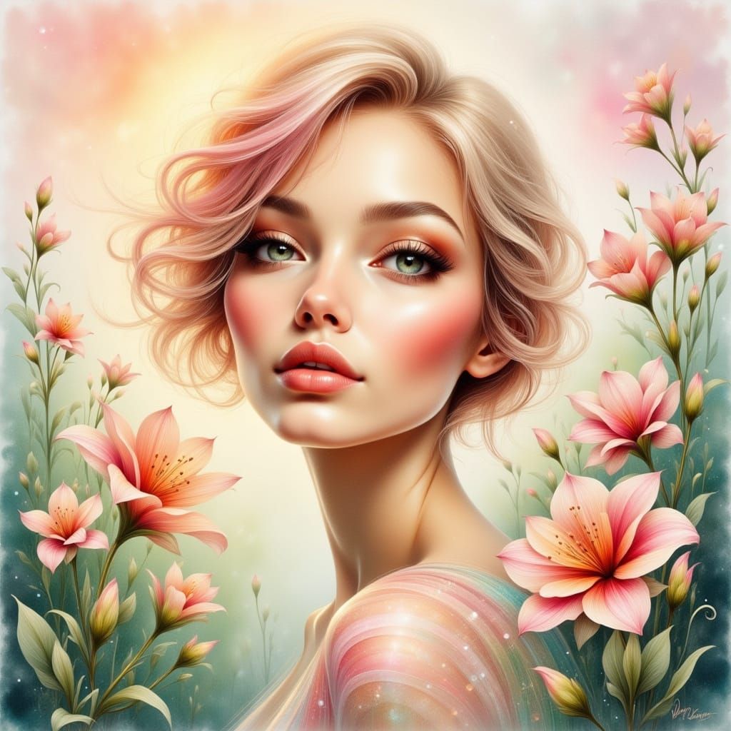 Ethereal Woman Portrait with Spring Flowers