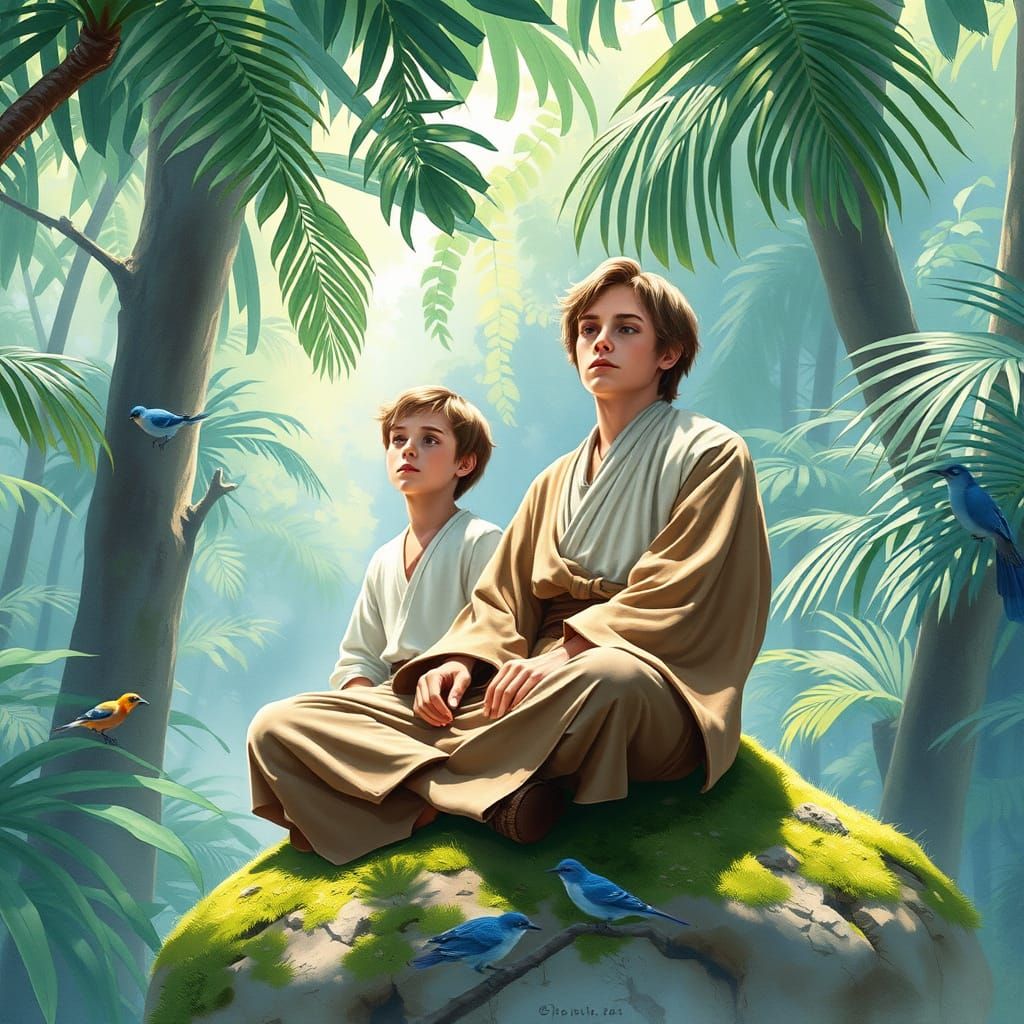30 year old Obi Wan Kenobi is meditating with 15 year old An...